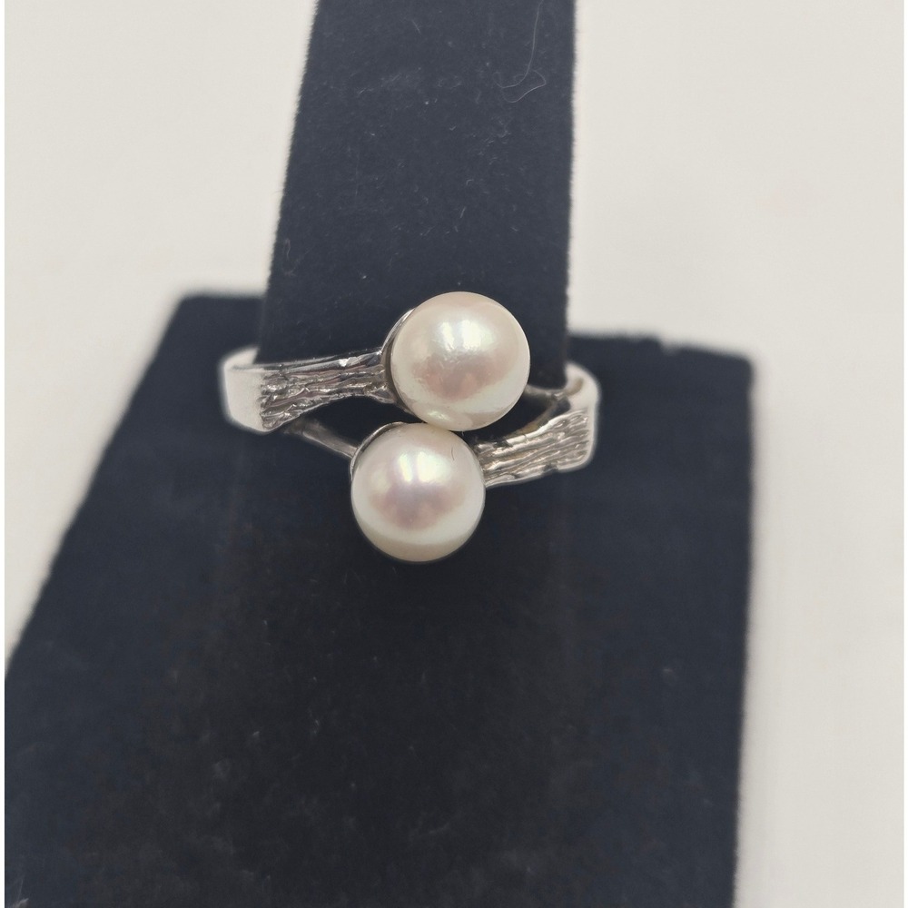 Vintage Pearl Bypass Ring  Textured Bark Band Cultured PearlToi Et Moi Size 6.25